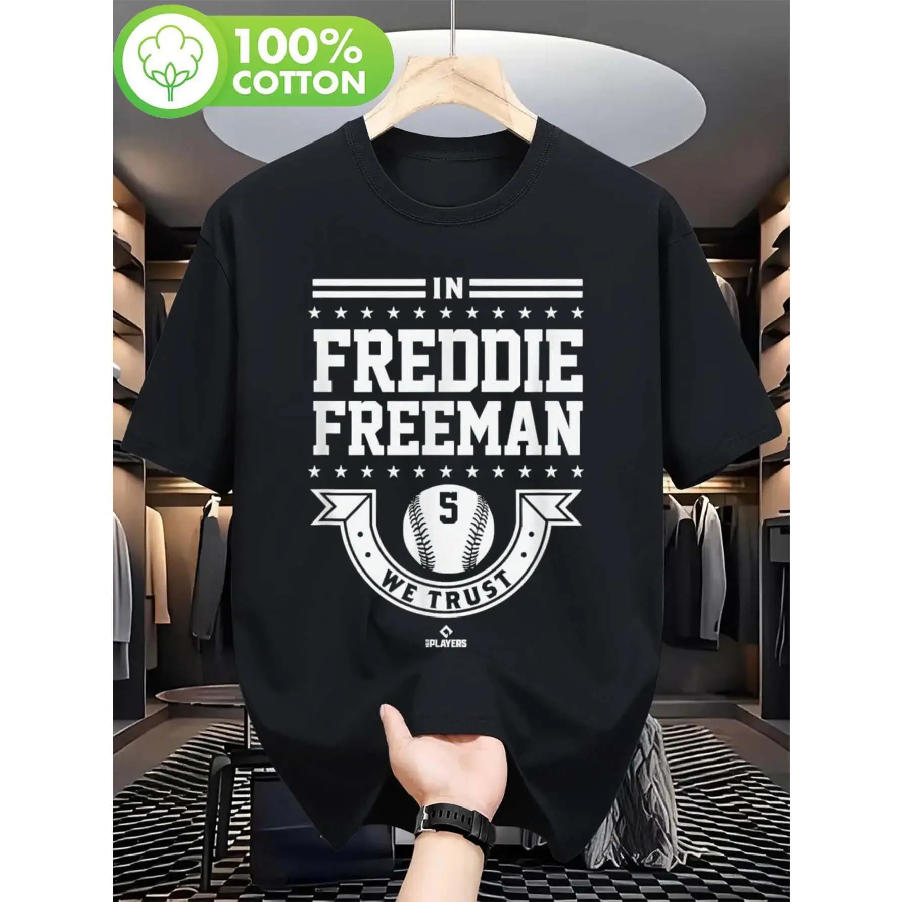 Women's Plus Size Cotton Round Neck Short Sleeve Graphic Baseball Jersey - Freddie Freeman #5 "We Trust" Los Angeles Red & Blue Logo, Vintage-Inspired White Regular Sports Top, Breathable Durable Fan Apparel, Machine Washable All-Season Casual Wear