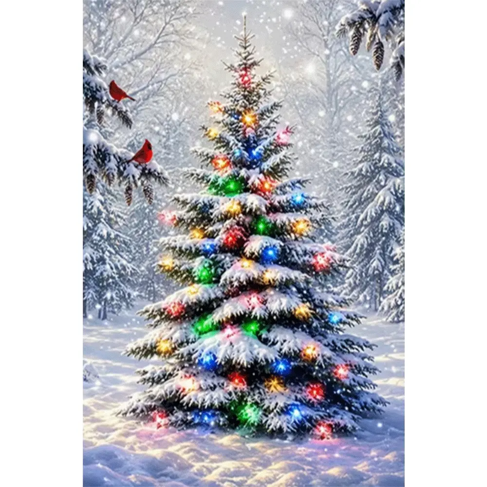 1PC,2D Christmas Diamond Painting Kit Snowy Tree with Colorful Lights and Cardinals Winter Forest DIY Rhinestone Art Craft for Home Decor Xmas Gift for Adults Kids Beginners Festive Holiday Decoration