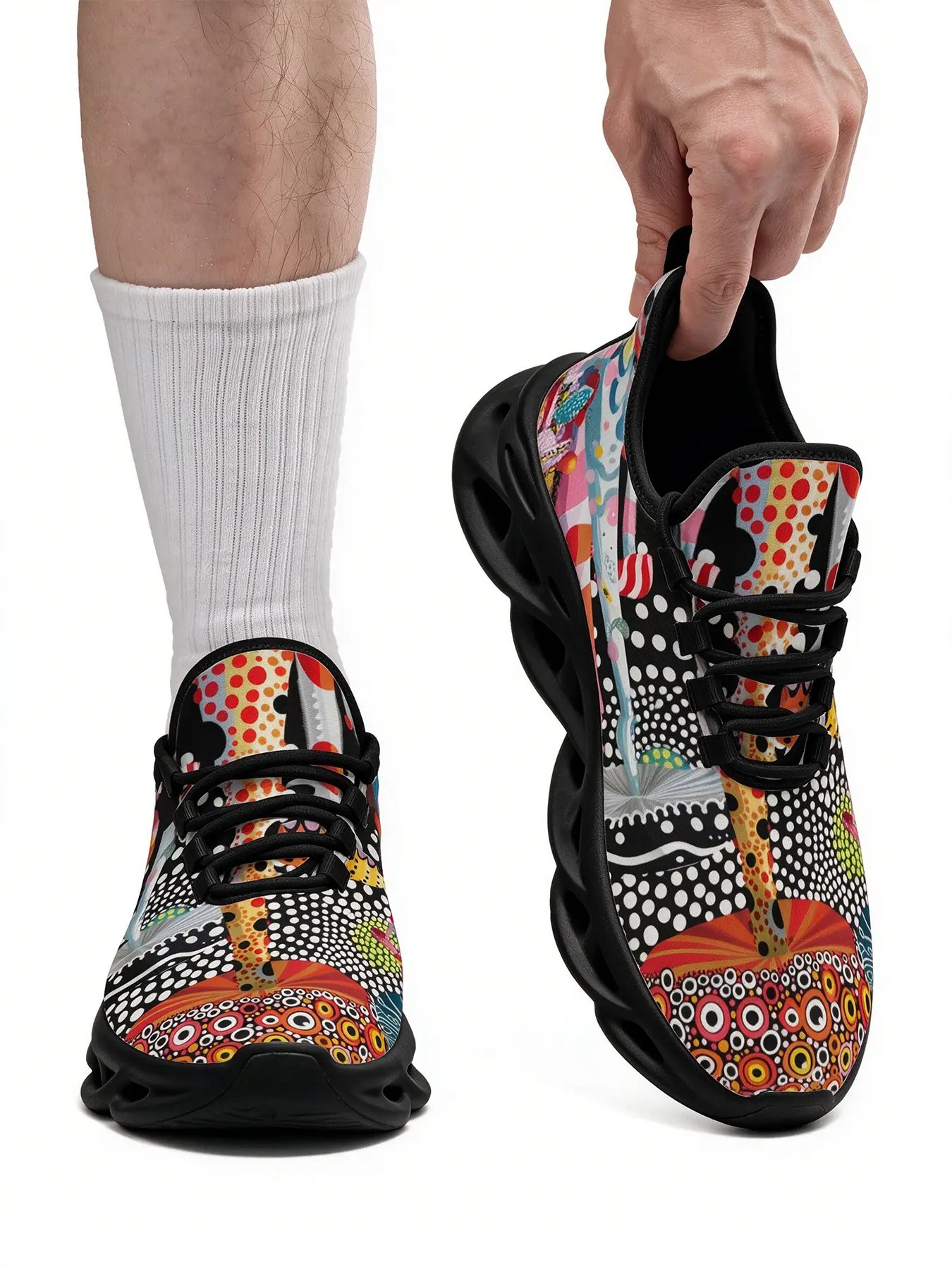Boho Pop Art Colorful Polka Dot Abstract Floral Tribal Geometric Pattern Chunky Sneakers for Men Women, Trendy Vibrant All Over Print Mesh Shoes, Comfort Non Slip Fashion Footwear for Festival Party Street Daily Outdoor Wear