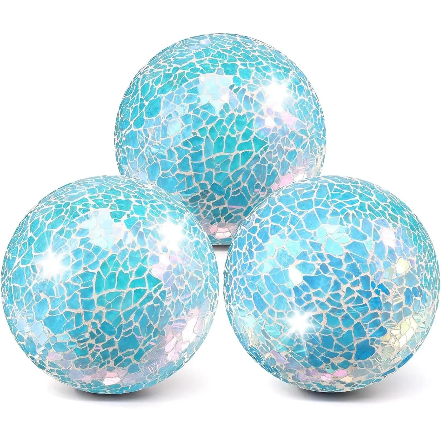 3Pcs Blue Glass Mosaic Pattern Sphere Decorative Set - 8.5cm/3.35inch Orbs with Foam Base, Tableware Accessory for Wedding Party Decor, Home Table Centerpiece, Shiny Finish