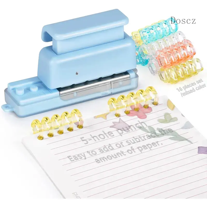 Blue 5-Hole Binding Machine with 16 Loose-Leaf Strips, 4 Sheets Max Capacity, 5-Hole Punch, Easy Customization, Ideal for DIY Notebooks & Planners