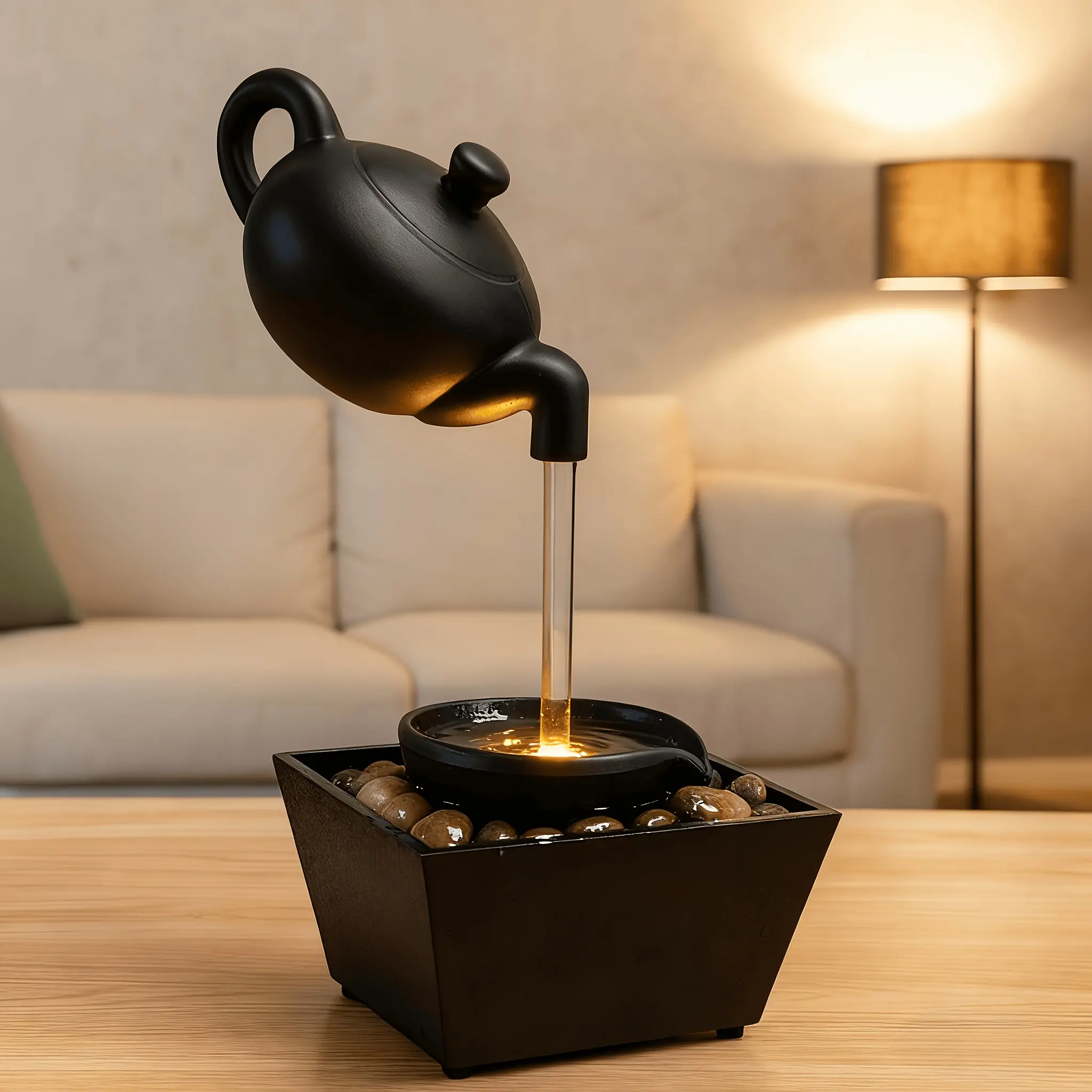 Zen Teapot Tabletop Water Fountain Lamp, Black Resin Relaxation Fountain with Soothing LED Warm Glow, Circulating Water Flow & Natural Pebble Bed Design, Calming Meditation Decor Ornament for Home and Office, Warm Light Relaxation Gift