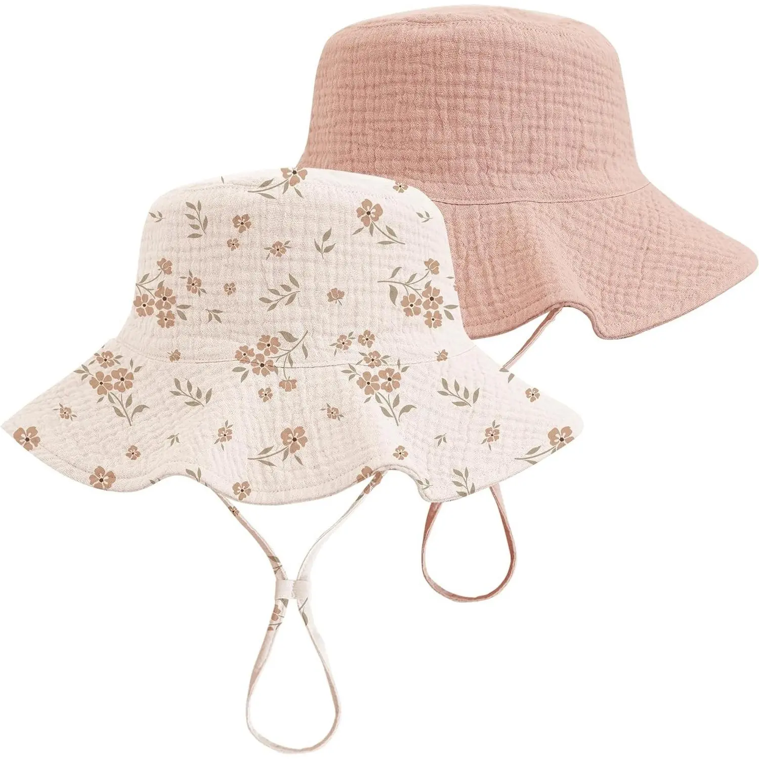 2-Pack Muslin Baby Girl Sun Hats with Wide Brim, UPF 50+ Sun Protection, 100% Cotton Baby Bucket Hat, Adjustable Chin Strap, Newborns, Infants & Toddlers, 0-6 & 6-12 MonthsGift