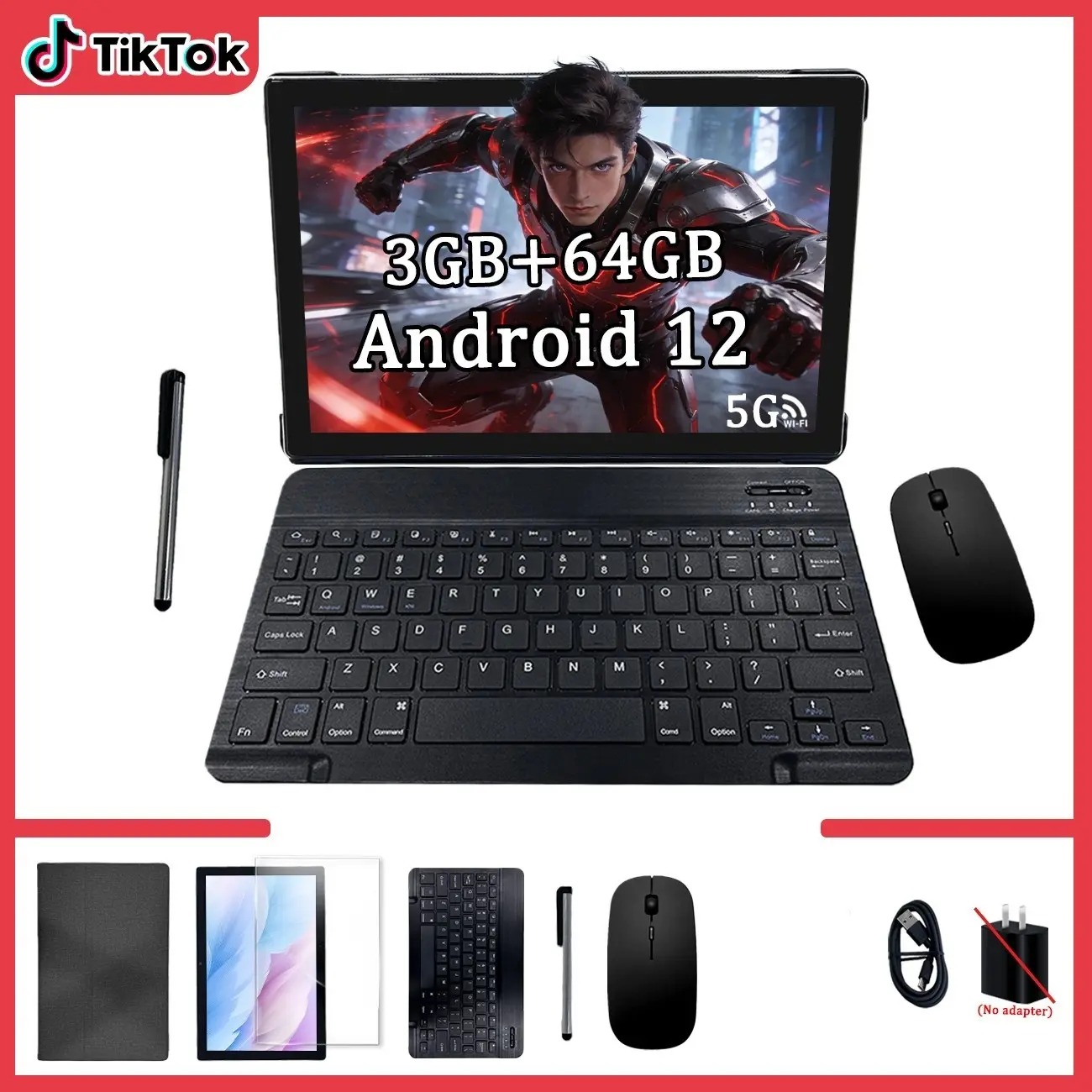 10.1-Inch Android Tablet with Keyboard, 3+64GB Memory, High Resolution Screen, Gaming & Office, Includes Stylus, Mouse, Earphones, Perfect Gift