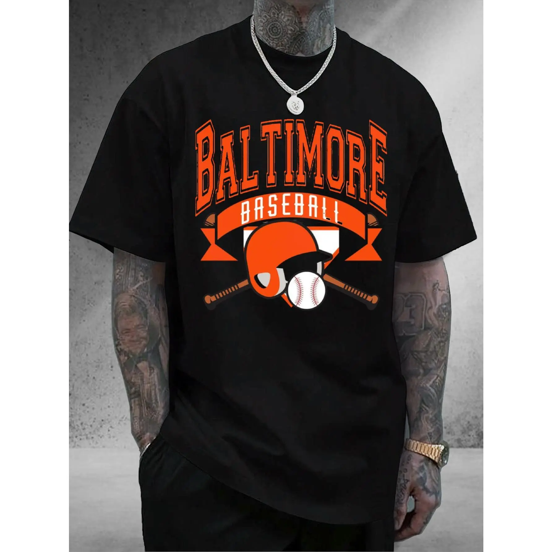 Unisex Baltimore Baseball Graphic T-Shirt - Menswear Top, Short-Sleeve Round Neck, White & Orange Oriole Bird & Bat Design, Bold Team Lettering, Soft Breathable Knit Fabric, Loose Fit Casual Sports Tee for Fans, Machine Washable, Durable Print, Shortsleev