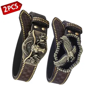 2PCS Western Eagle Buckle Belt with Studded Edge & Tooled Pattern soft adjustable side belt