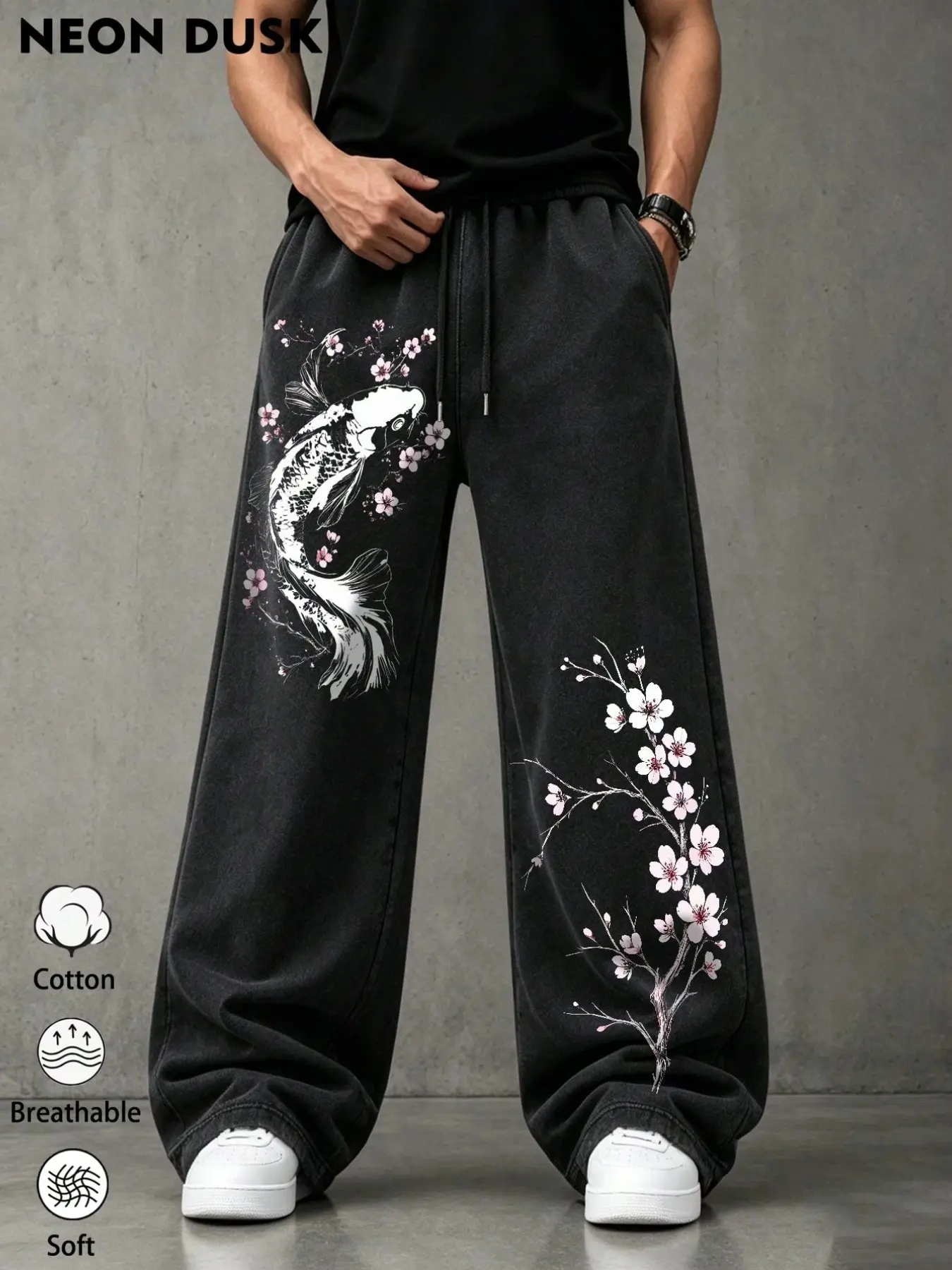 NEON DUSK Men's Baggy Wide Leg Sweatpants, Vintage Washed Grey Cotton Trousers with Koi Fish & Cherry Blossom Print, Harajuku Y2K Grunge Aesthetic Streetwear for Casual Daily Wear, TikTok Viral Pant, casual comfy trouser