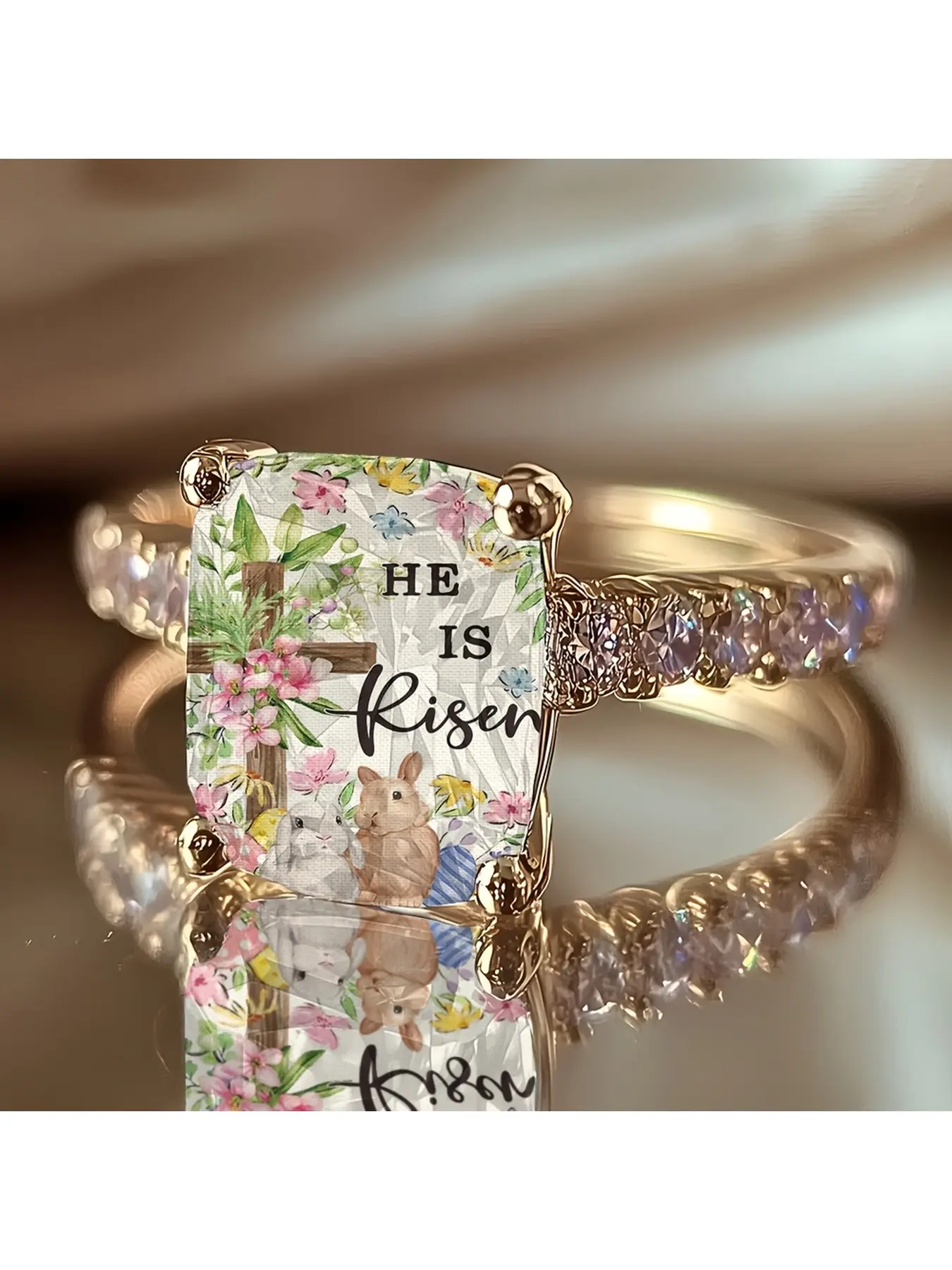 Rectangular "HE IS RISEN" Text Embroidery Ring - Cross-shaped Floral Double Rabbit Pattern Ring - Easter Artistic Ladies' Festiv