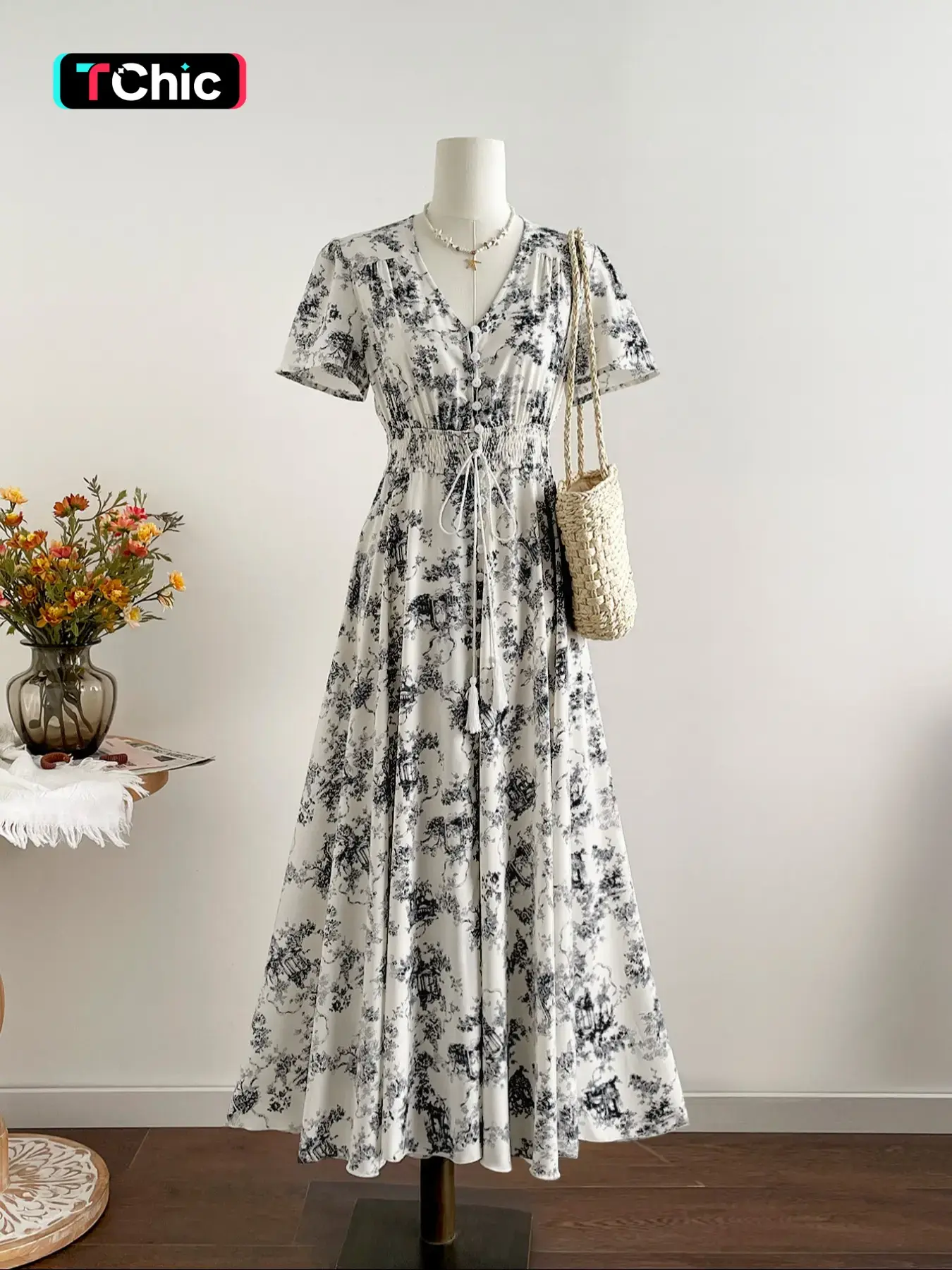 Women's Bohemian Casual Boho Chic Style Floral Print Dress, Short Sleeve V Neck Design, Swiss Dot Ruffle Layered Long Skirt, Fitted Slimming Cocktail Dress for Summer Fashion