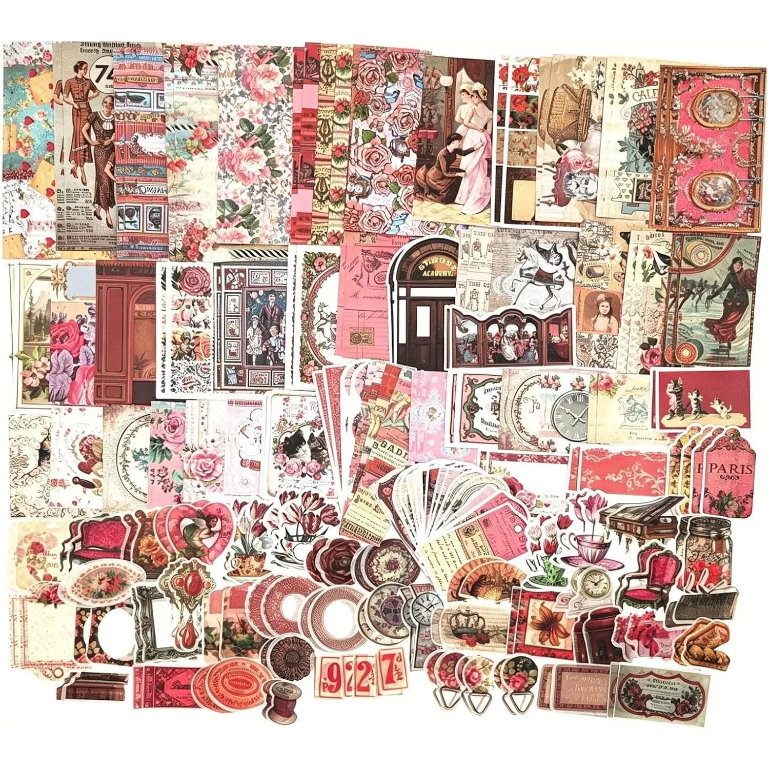 200 count  Scrapbooking Supplies Pack, Aesthetic Scrapbook Sticker Paper Art Journaling Kit for Junk Journals,Planner,Cottagecore Decor Gifts ( Retro Collection)