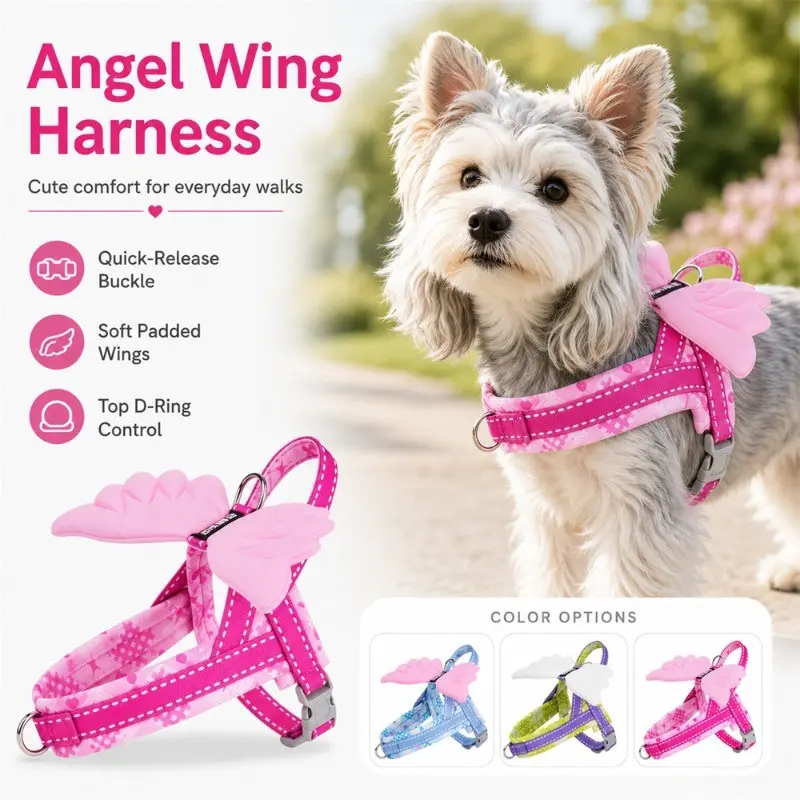 Cute Angel Wing Pet Harness, Soft Padded No-Lead Dog Vest, Quick Release Buckle, Adjustable Reflective Walk Strap, Comfortable and Safe