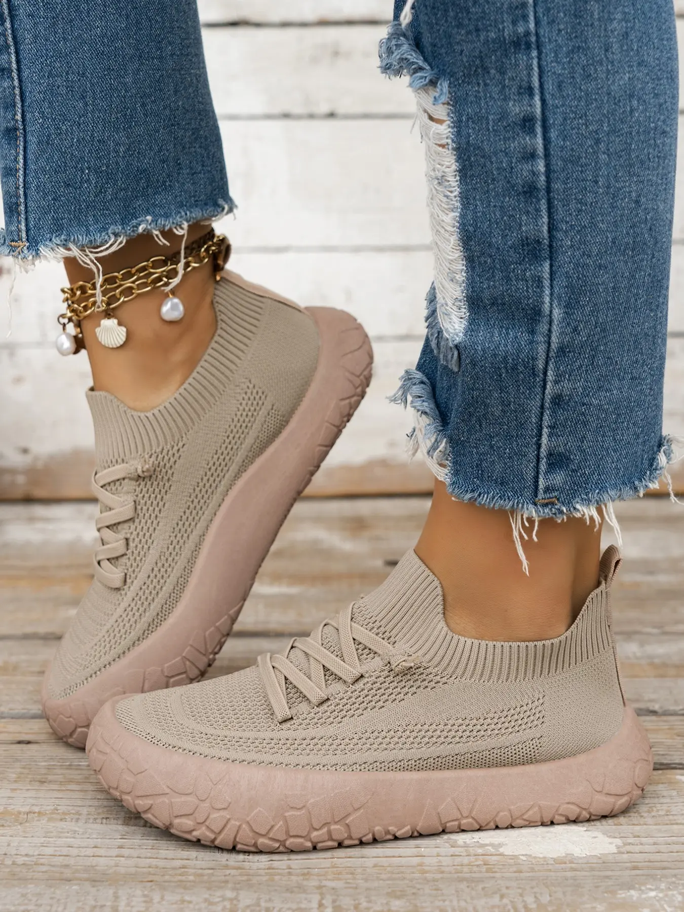 Women's Sock Laces Sports Walking Athletic Shoes, Breathable Knit Mesh, Soft Thick Anti-Slip Casual Sole, Wide Fit, All Seasons, Nonslip Walking Shoes