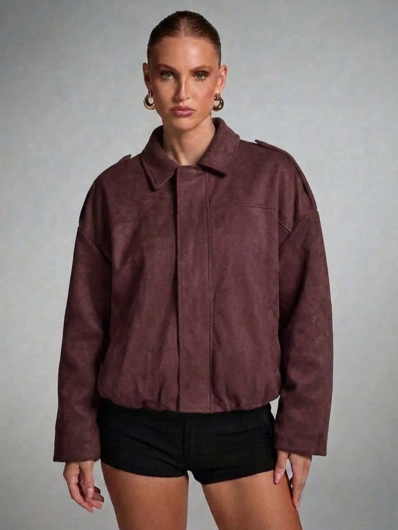 Women's Short Military Pilot Jacket, Long Sleeve Loose Fit Drop Shoulder Collar Patch Invisible Front Zipper Coat, Y2K Retro 90s Street Style Fall Outerwear