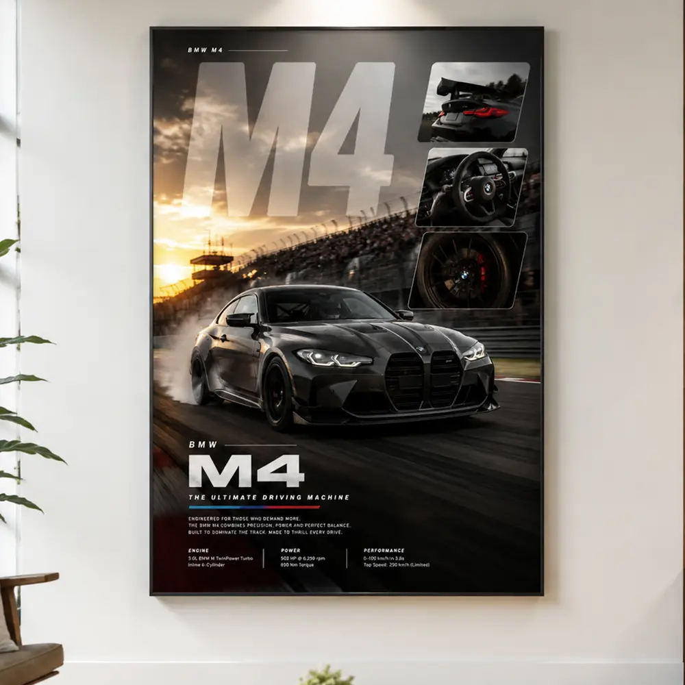 Minimalist Black Luxury Car Canvas, Retro BMW M4 Poster, Automotive Picture, Aesthetic Decor, Bedroom, Garage, Man Cave Decoration, Modern Cool Automotive Wall Art, Men Gift, Sports Car Print, High-End, Luxury, Racing, Supercar, Wall Decor, Home Decor, Gi