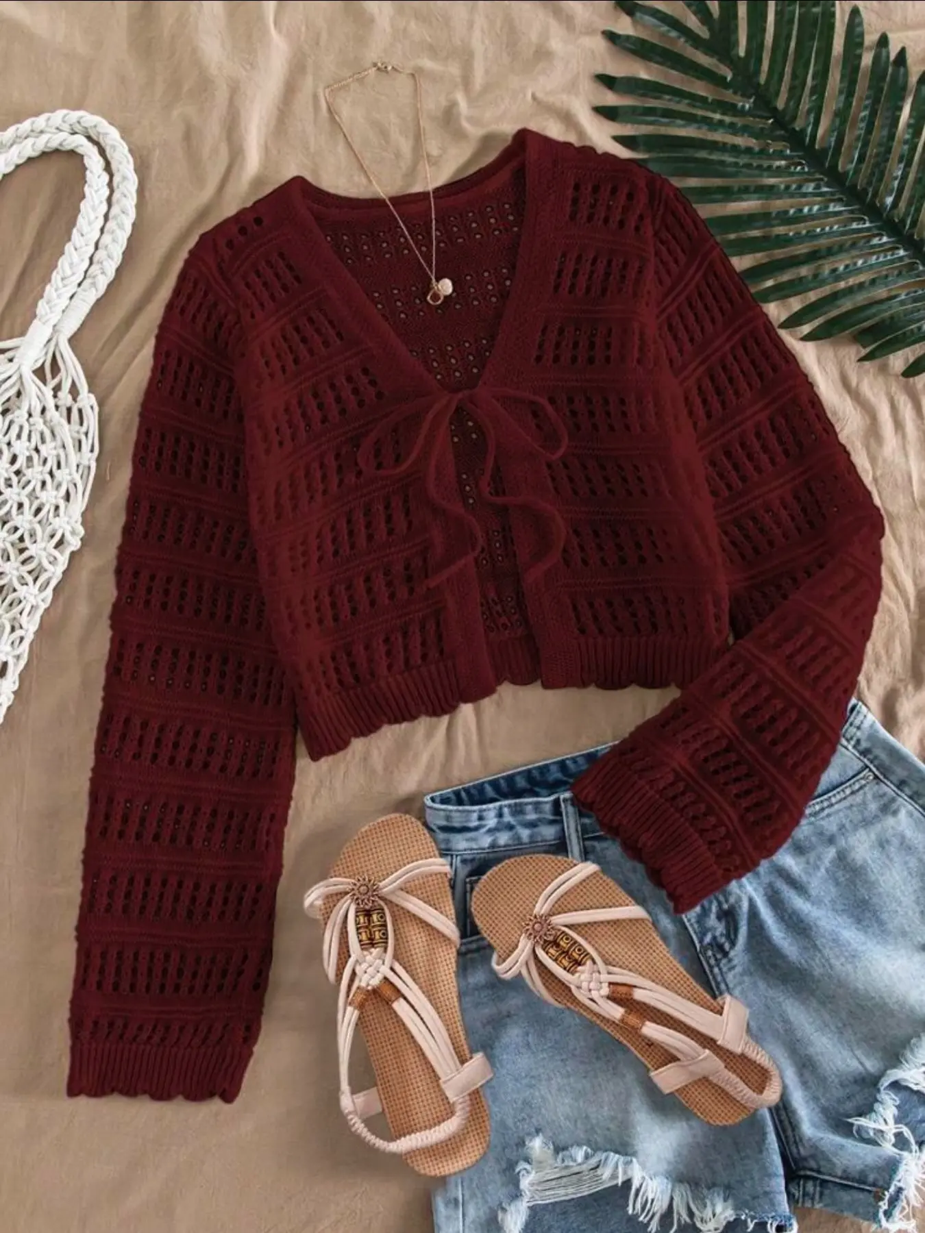 Women's Plain Hollow Out Tie Front    Sweater Cardigans, Casual Long Sleeve Lightweight   Knit Top for Summer, Fashion Women's Knitwear for Daily Wear