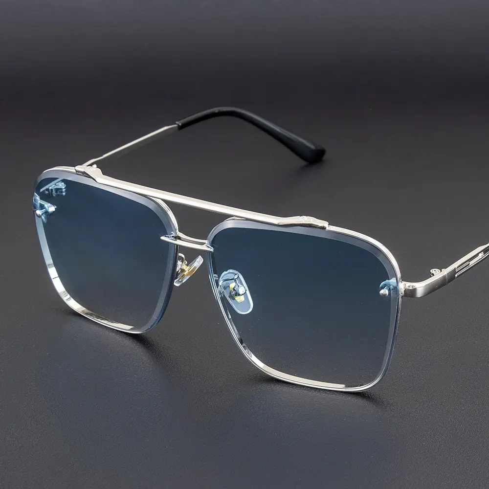 XUH Double Bridge Square Aviator Sunglasses, Thin Silver Metal Frame Gradient Light Blue Lenses, Stylish Eyewear for Driving, Business Casual & Daily Wear