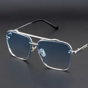 XUH Double Bridge Square Aviator Sunglasses, Thin Silver Metal Frame Gradient Light Blue Lenses, Stylish Eyewear for Driving, Business Casual & Daily Wear