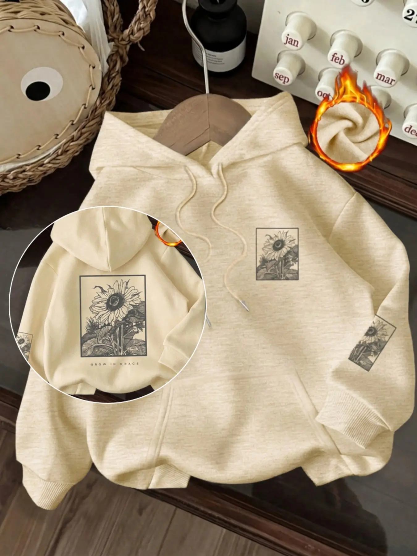 Women Grow In Grace Sunflower Sketch Hoodie Vintage Floral Print Triple Graphic Fleece Lined Oversized Hooded Sweatshirt
