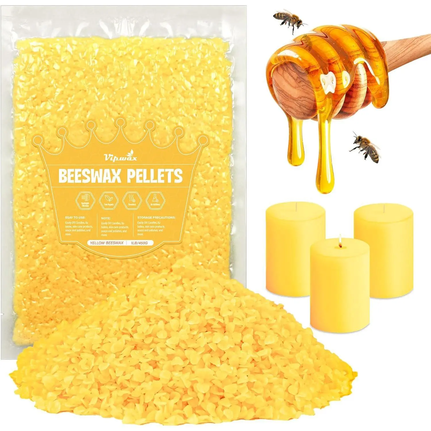 Yellow Beeswax Pellets 1LB, Natural Organic Beeswax, Beeswax for Candle Making, Body, Skin Care DIY, Lip Balm and Soap Making Supplies