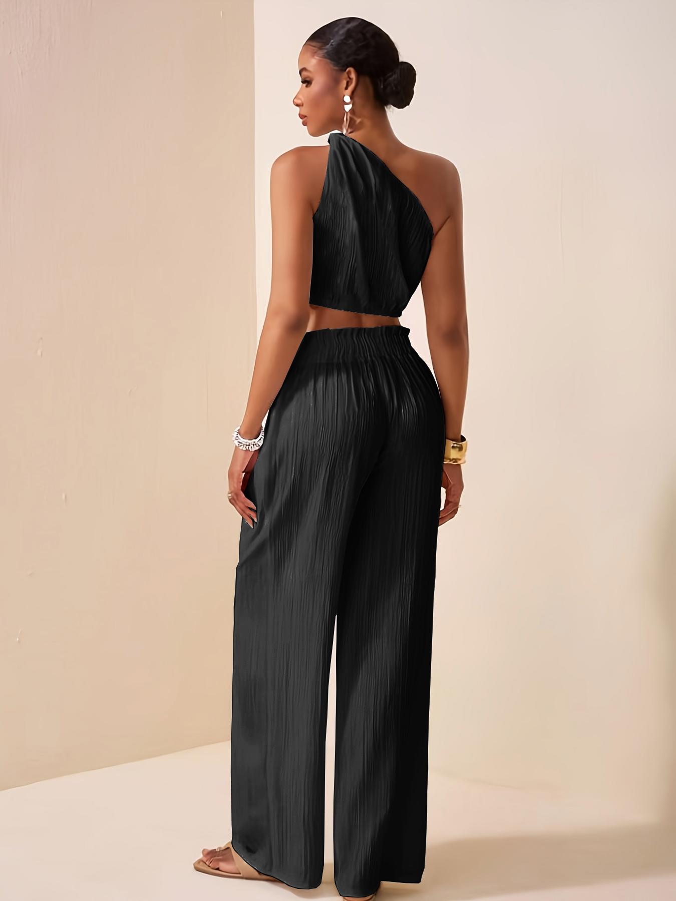 Two-piece Set Women's Solid Crop Top & Wide Leg Pants, Basic Elegant Fashion Casual Top & High Waist Trousers for Daily Outdoor Wear, Women's Clothing for Summer, Womenswear