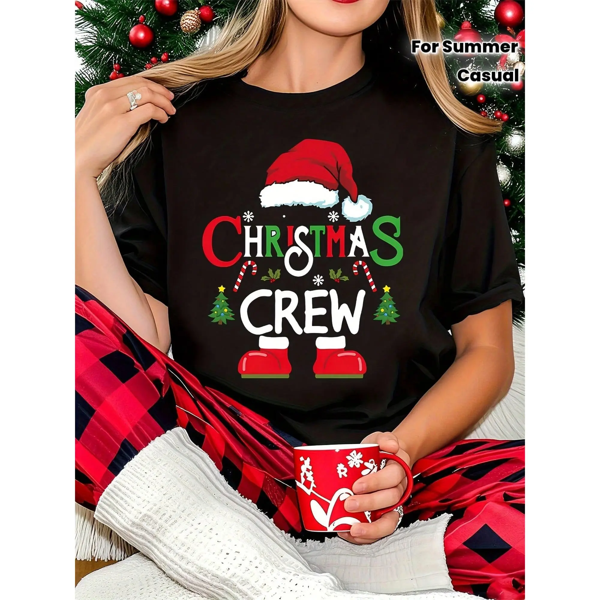 As Crew Christmas Cute Squad Christmas Hat Candy Cane Christmas Tree Holiday Decoration Elements Letter Print Women's Round Neck Spring Summer T-Shirt