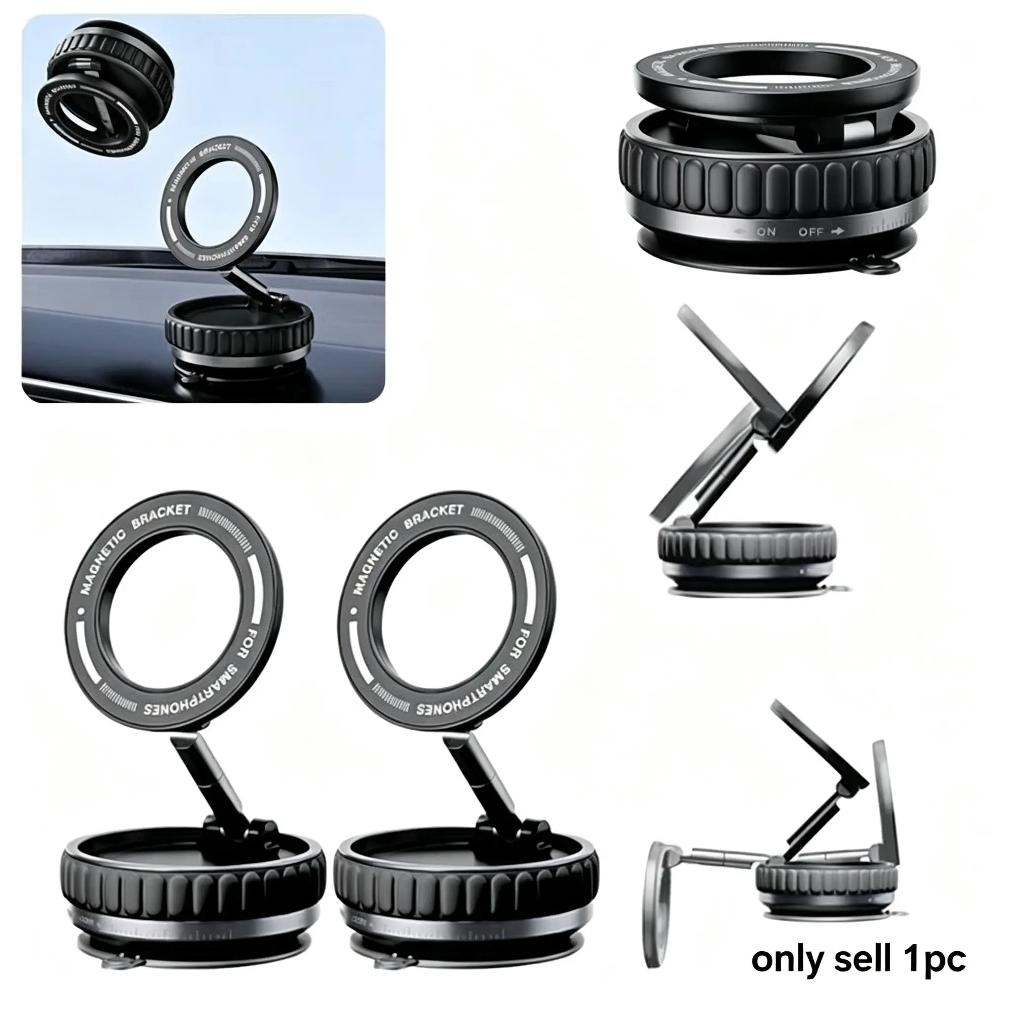 Vacuum Suction Magnetic Phone Holder, 360 Degree Rotatable Hands-Free Foldable Car Mount, Adjustable Universal Stand