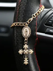 Mary Cross Thick Chain Bracelet, Vintage Rhinestone Car Steering Wheel Decor, Adjustable Unisex Couple Jewelry, Daily Wear Accessory