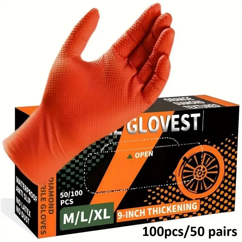 100pcs/50pairs Heavy-Duty Nitrile Disposable Gloves, 8mil Diamond-Textured Grip, Latex & Powder Free, Industrial Food Applications, Antislip Cleaning Gloves