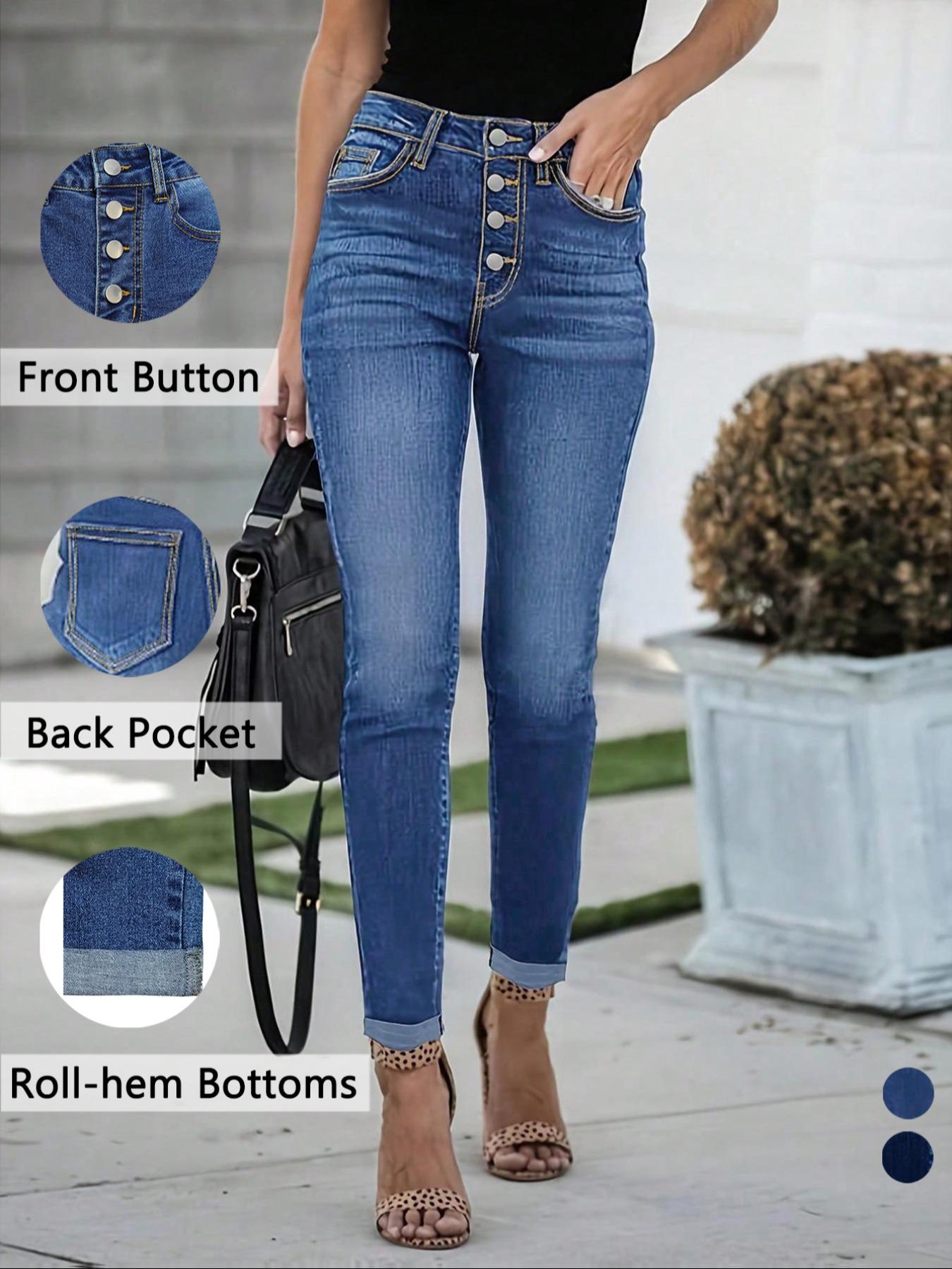 Women's Plain Button Fly Skinny Cropped Jeans, Casual Pocket Design Denim Trousers for Daily Wear, Ladies Bottoms for All Seasons