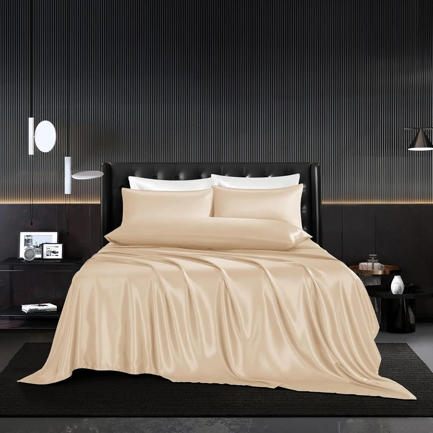 5Pcs Champagne Silk Sheets Full Size Sheets Set with 1 Flat Sheet,1Deep Fitted Sheet,3 Pillowcases with Envelope Closure