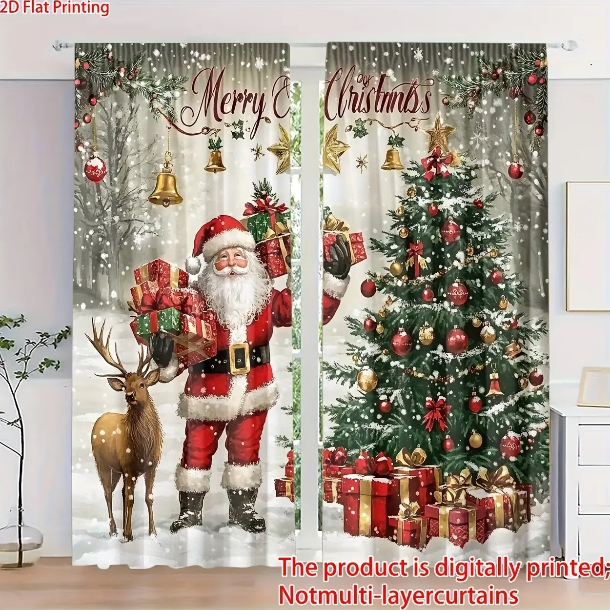 2-Pack Christmas Theme Curtains, HD Digital Print Santa Claus Pattern, Polyester Material, Blackout Drapes for Bedroom, Living Room, Office, Cute Blackout Curtains