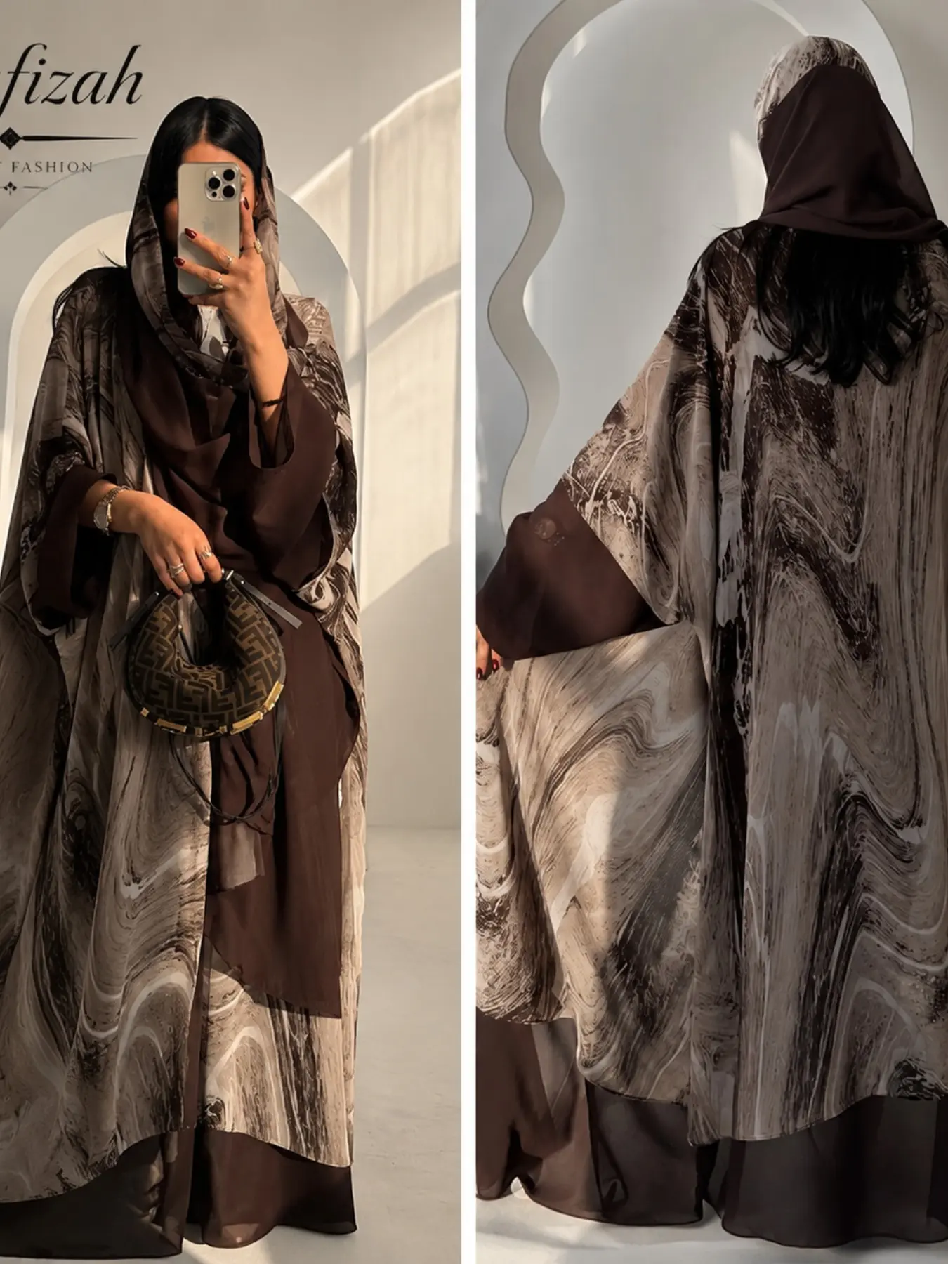Women's Muslim Robe Set with Headscarf, Abaya Hijab Set, Marble Pattern Kimono Robe, Elegant Islamic Dress for Eid and Ramadan