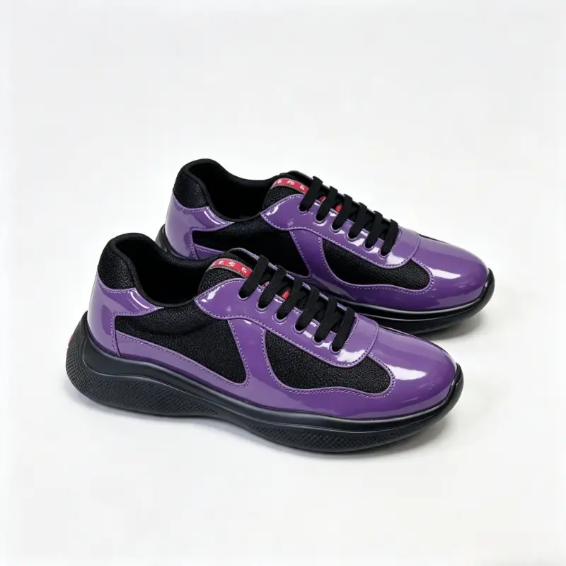 Glossy Purple Patent Leather Mesh Walking Sneakers for Men Women Lightweight Cushioned Platform Casual Shoes Non Slip Thick Black Sole Street Fashion Low Top Lace Up Daily Athletic Trainers