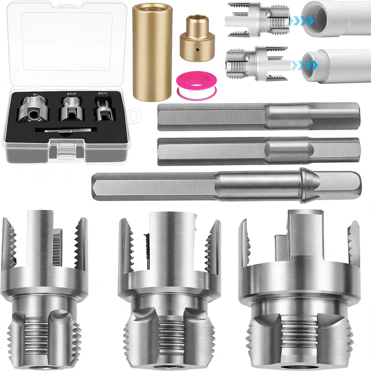 Professional 4-in-1 PVC Pipe Threading Tool Kit with Golden Hot Melt Welding Dies, Internal/External Thread Cutter Set for 1/2" 3/4" 1" Pipes, Drill Compatible Plumbing Tapping & Fusion Attachment Hand Tools