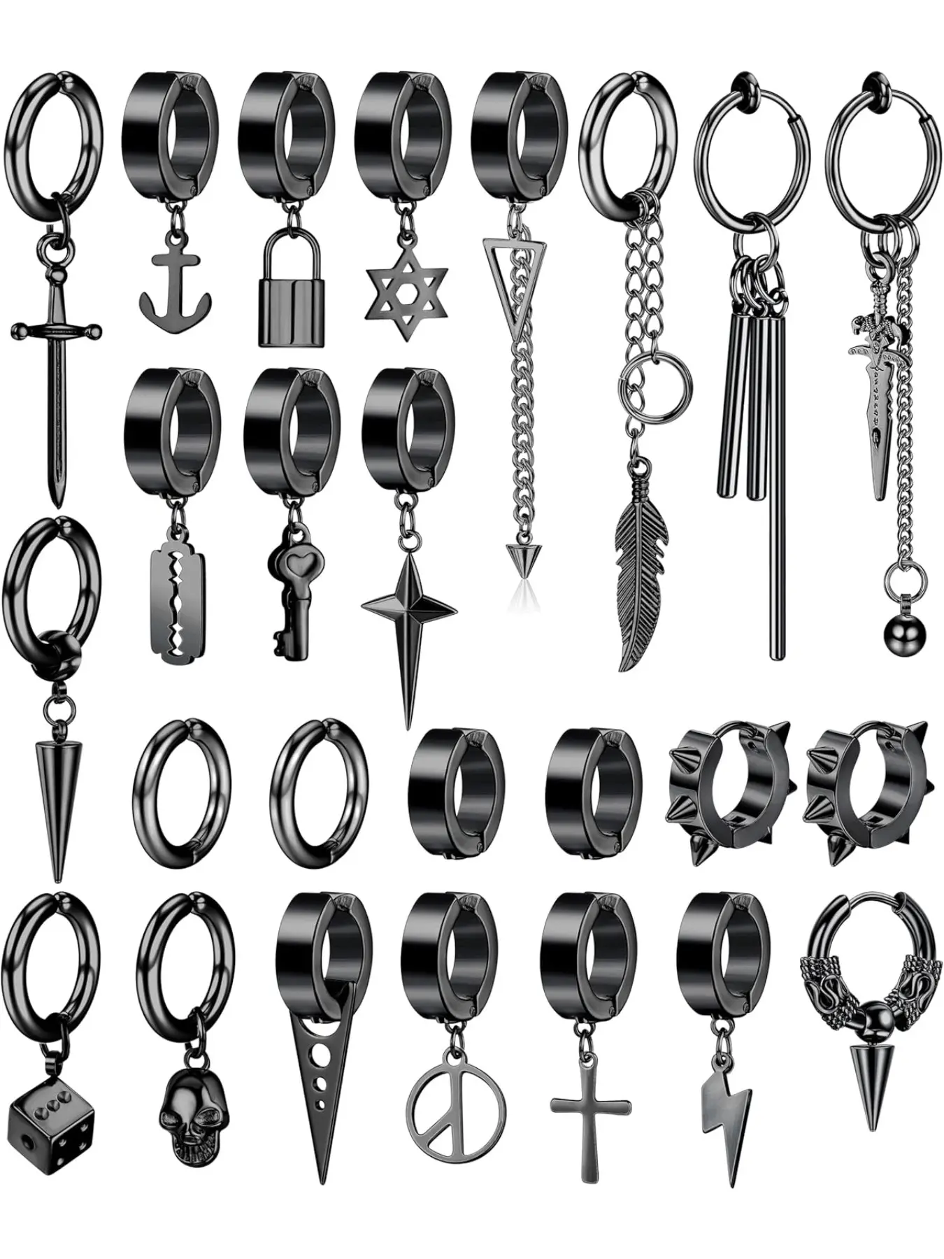 Pack of 25 Ear Clips for Men - Stainless Steel Cross Chain Dangle Earrings Black Huggie Non Pierced Punk Gothic Kpop Set Fake Hoop Earrings Non Piercing Earrings