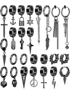 Pack of 25 Ear Clips for Men - Stainless Steel Cross Chain Dangle Earrings Black Huggie Non Pierced Punk Gothic Kpop Set Fake Hoop Earrings