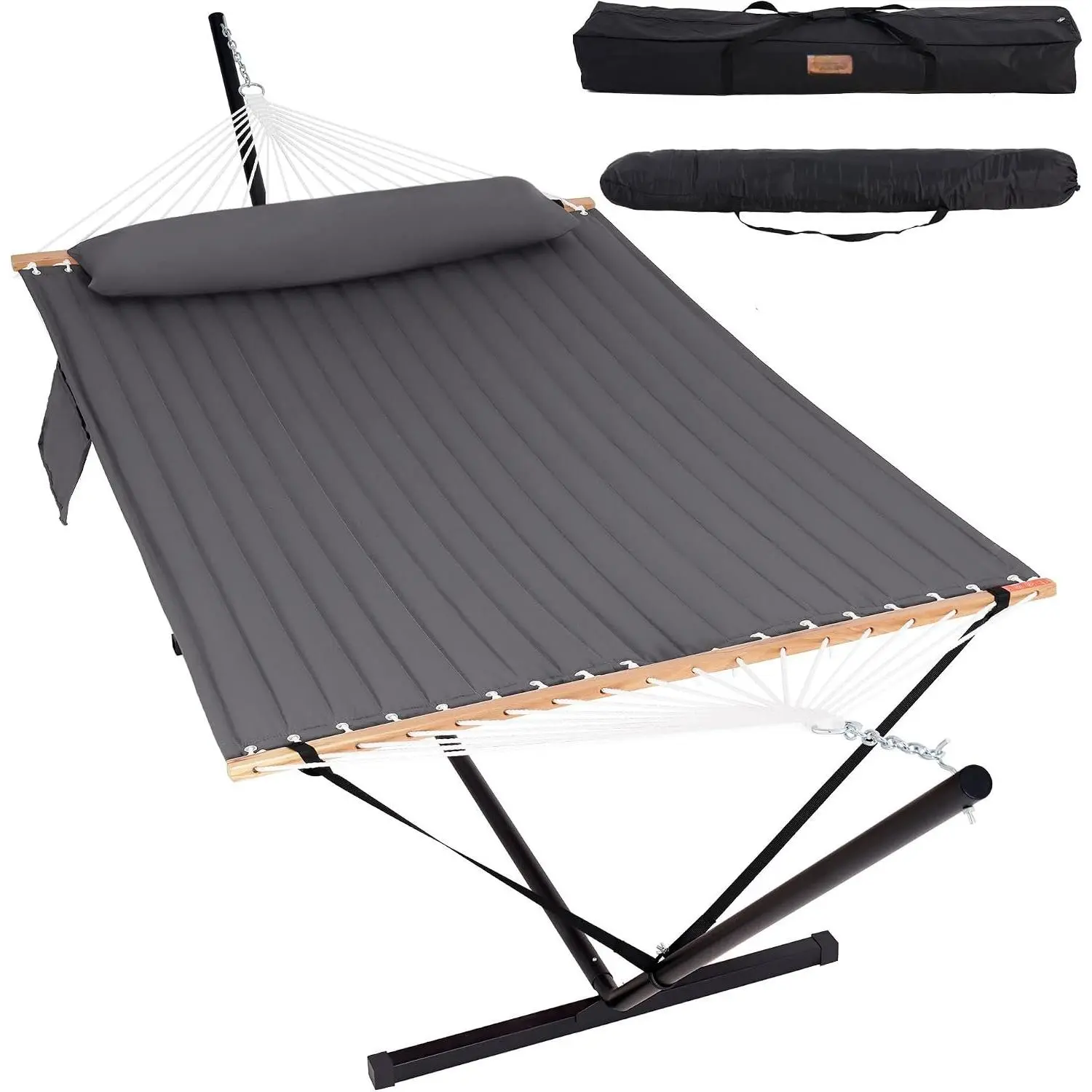 2 Person Portable Hammock with 12FT Stand for Outside, 10.5FT Quilted Double Hammock with Spreader Bar and Detachable Pillow, 450lbs Capacity for Outdoor Patio, Grey