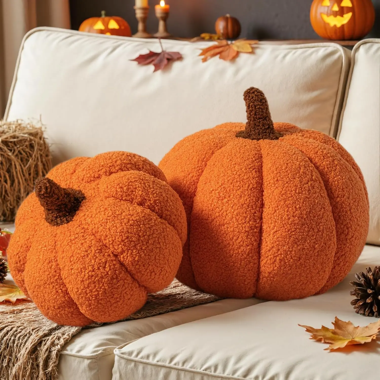 Fall Pumpkin Pillows Set of 2, Halloween Decoration Decorative Throw Pillows Soft Fleece Cute 3D Cushion for Sofa Couch Bedroom Autumn Thanksgiving (Orange, 12.6x8.7in & 9x5.9in)