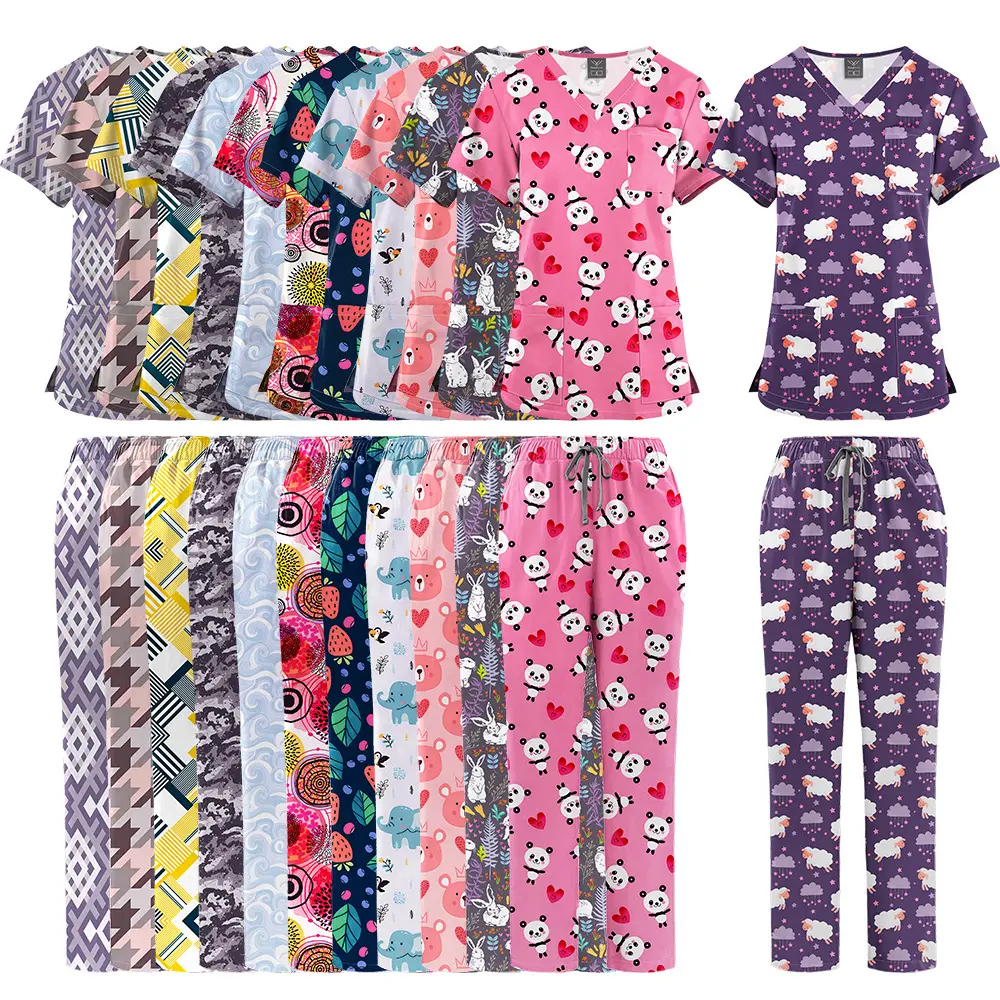 Medical Cartoon Print Scrub Suit - Thin, Breathable Fabric Workwear for Doctors, Comfortable Medical Wear Clothes, Women