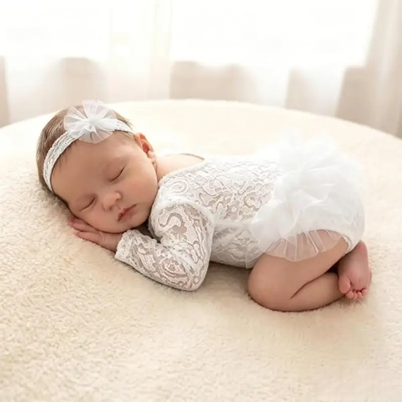 Newborn Photography Outfits Girl, Baby Girl Photoshoot Props, Newborn Lace Romper with Headband for Photo, Gift Sets