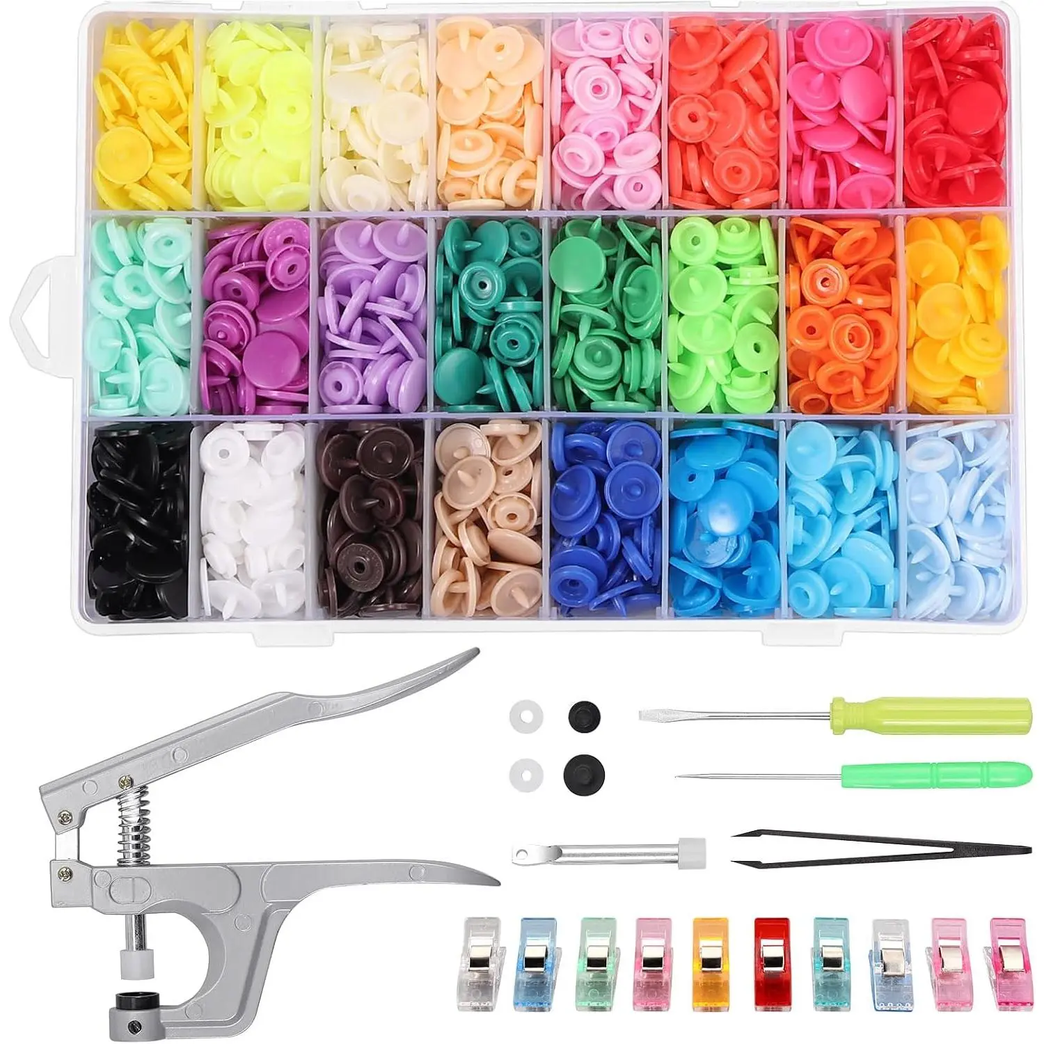 Snap Pliers Set, 408 Sets T5 Plastic Snap Buttons Kit, 24 Colors | Snap Fasteners and Setter Tool, for Clothes, Sewing, Bibs, Coat, Fabric, Raincoats and DIY Crafting, Snap Starter Kit