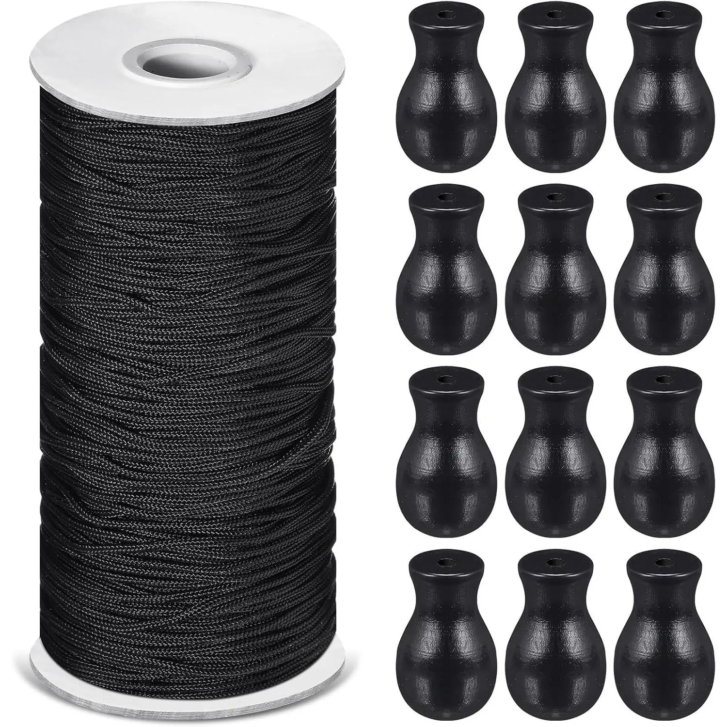 110 Yards Blind Cord 1.8 mm Braided Lift Shade Curtain String and 12 count  Blind Pull Cord Knobs for Roman Shade Kit, Curtain Craft(Black)
