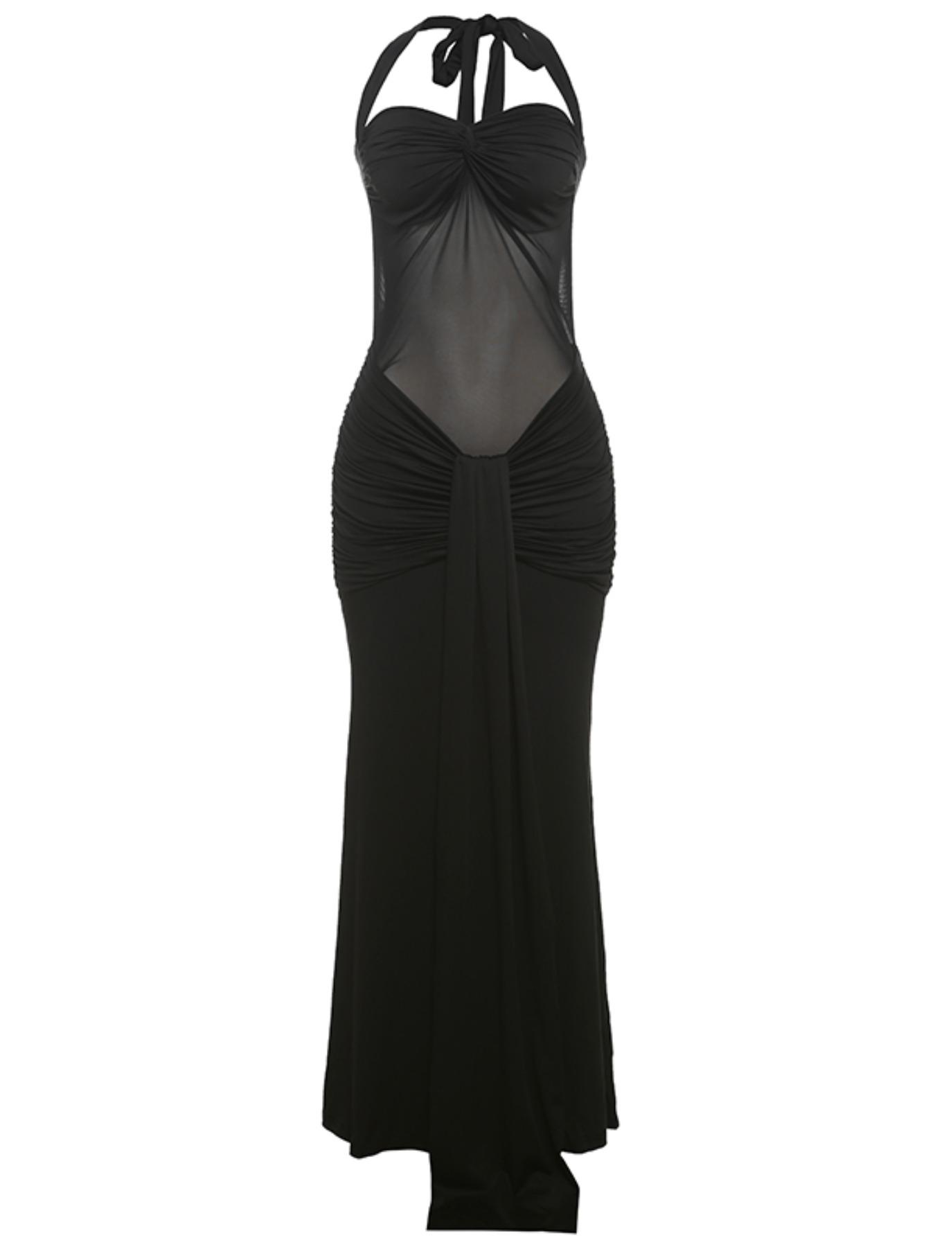Elegant Women's Halter Neck Tie Back Sheer Mesh Dress, Sexy Long Flowy Gown, Fashionable Plain Color Evening Wear