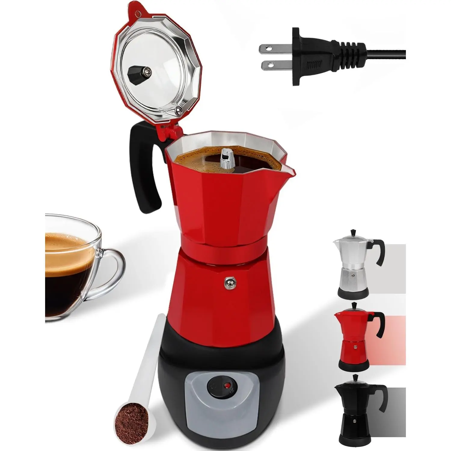 Electric Moka Pot with Detachable Base Aluminum Espresso Maker 10oz 6 Cup 300ml Red Italian Coffee Maker for Kitchen Home 110V
