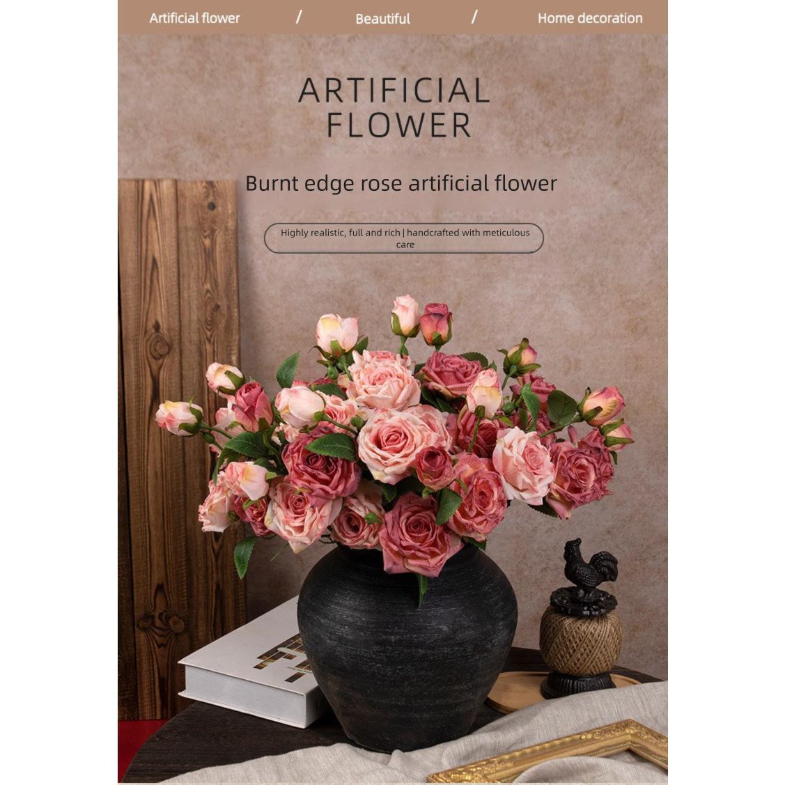 French Style Artificial Single Branch 3-Head Burnt Edge Rose Vintage Home Living Room Decoration Fake Dried Flower Bouquet High-End Feel