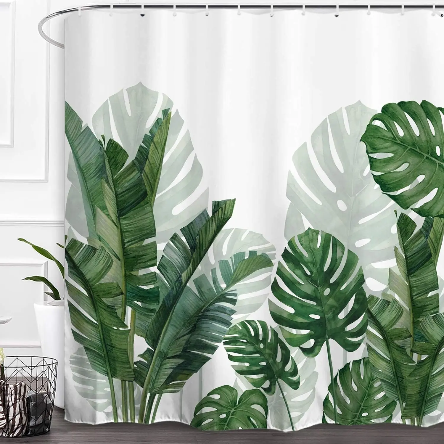 Tropical Plant Print Plastic Shower Curtain with Metal Grommets & Hooks, Waterproof Washable Privacy Cover, 60W x72L (Pack of 1), Decorative Banana Leaves Botanical Bathroom Decor, Plants