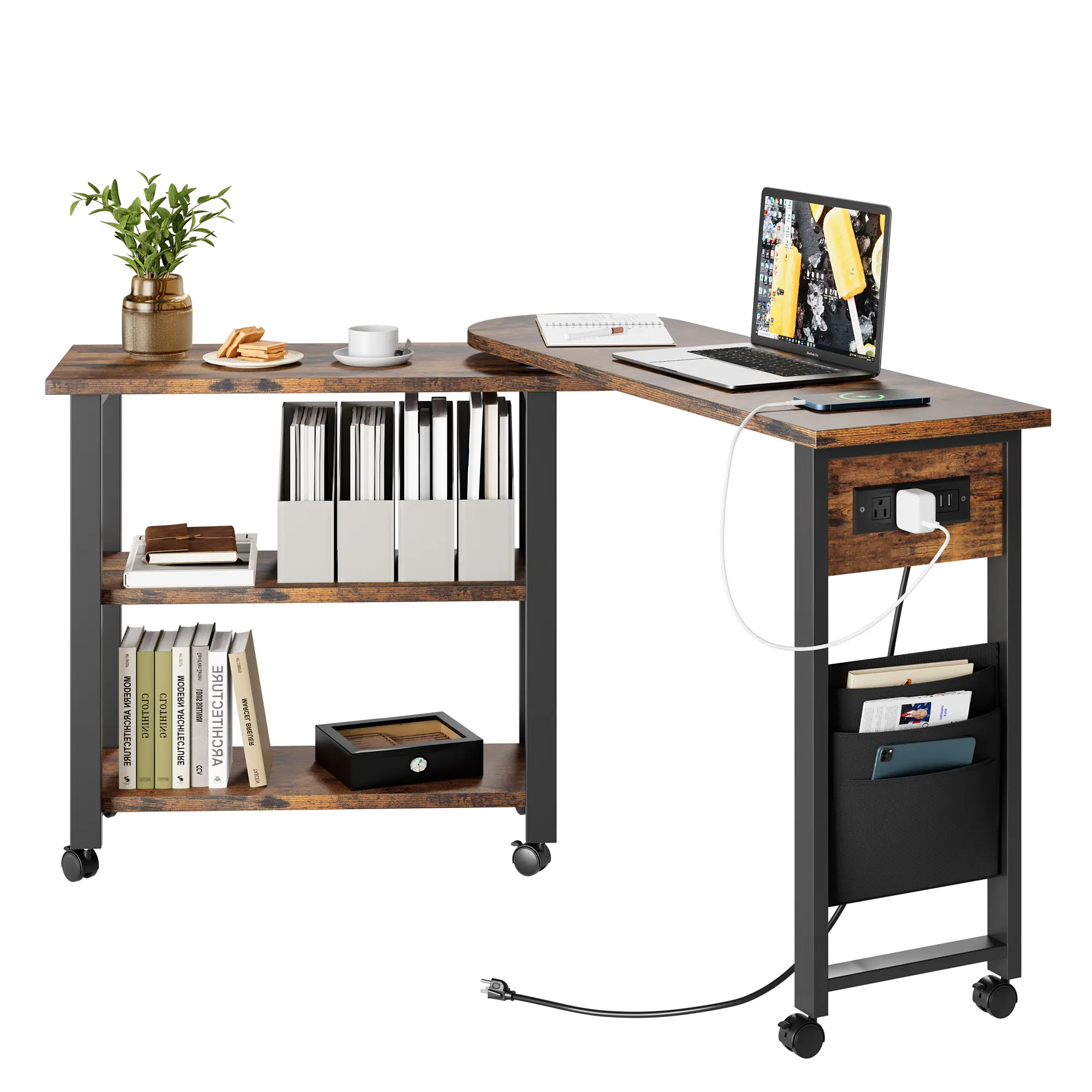 360° Rotating Sofa Side Table with Charging Station – 2-Tier Movable End Table, Extra Storage Pocket, 6 Lockable Wheels, Modern Versatile Coffee Table for Bedroom, Living Room, Office