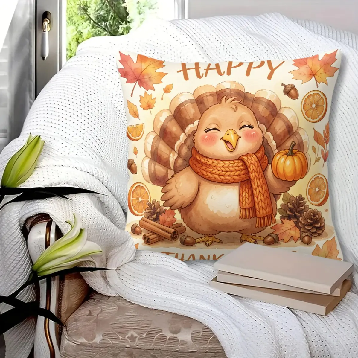 45x45cm 1Pc Watercolor Thanksgiving Throw Pillow, cute turkey squirrel pumpkin fall leaf print, warm seasonal home cushion (with insert)