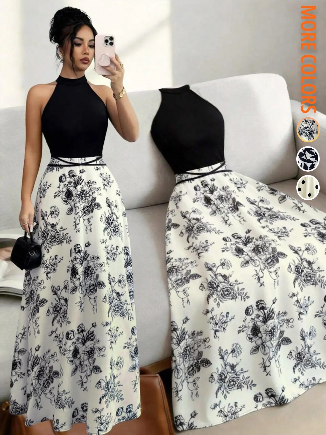 Women's Casual Party Sleeveless Tank Dress, Floral Print Patchwork Waist Midi Dress, Perfect for Gatherings