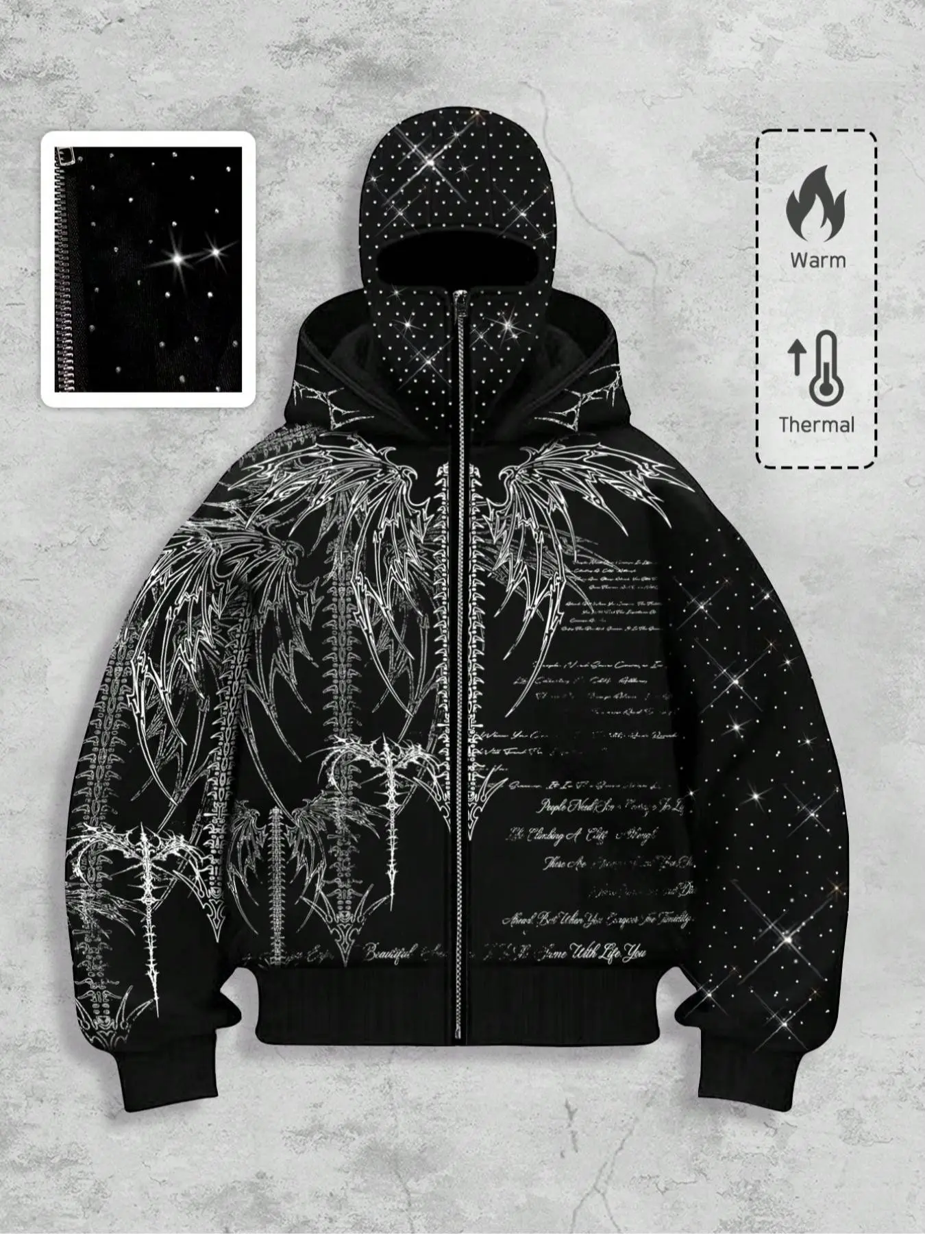 Bone spur wings skeleton all-over hot-fix rhinestone face mask hooded oversized cardigan, starry rhinestone face mask, fleece-lined warm zip-up jacket, unisex black loose short hooded casual street style, high street trendy outfit, Sweatshirts.